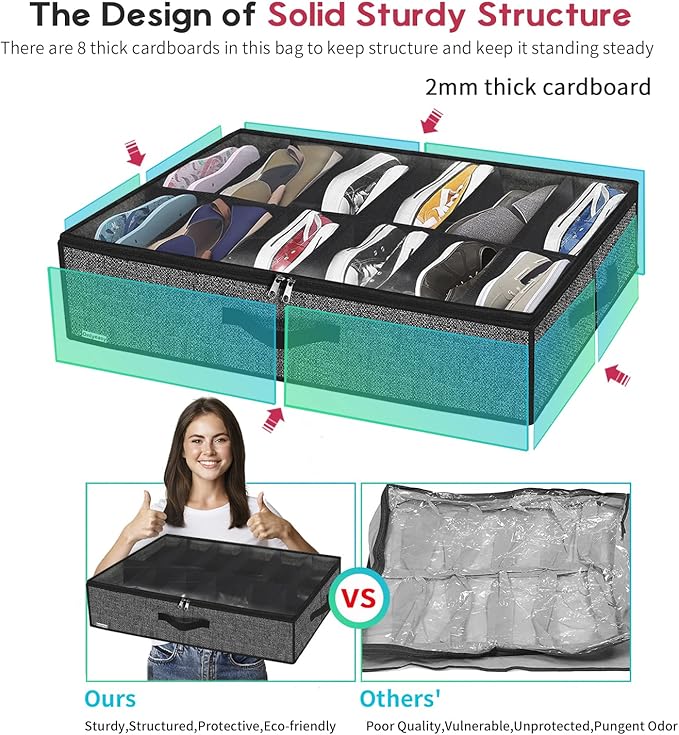 Under Bed Shoe Storage Organizer with Sturdy Handles and Clear Window 1 Pack