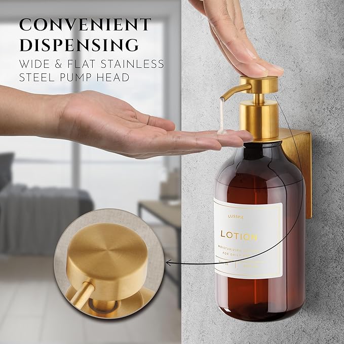 Shower Shampoo Dispenser Wall Mounted – 3 Refillable 16.9 oz Amber Bottles with Stainless Steel Pumps & No-Drill Adhesive Holders – Soap Dispenser Set for Bathroom (3 X Amber/Gold)