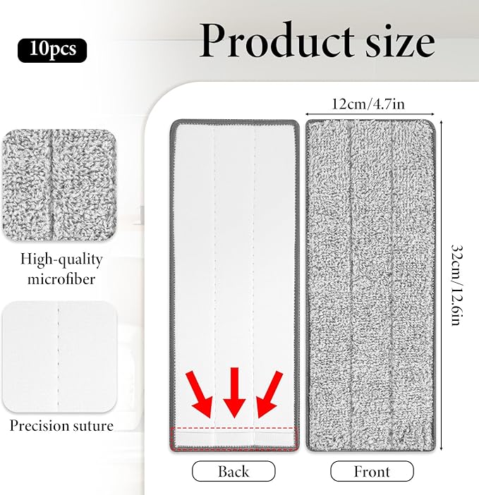 10 Pcs Reusable Mop Pad, 12.6 x 4.7 Inch Gray Mops Replacement Pads Washable Floor Cleaning Mops Pad Compatible with Most Flat Mop for Home, Office, School Cleaning