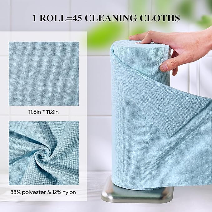 HONOVA Microfiber Cleaning Cloth Roll 45 Pack, 12" x 12" Washable Paper Towels, Tear Away Microfiber Towels Roll,All-Purpose Washable Cleaning Rags for Kitchen, Window, Garage Shop(Blue)
