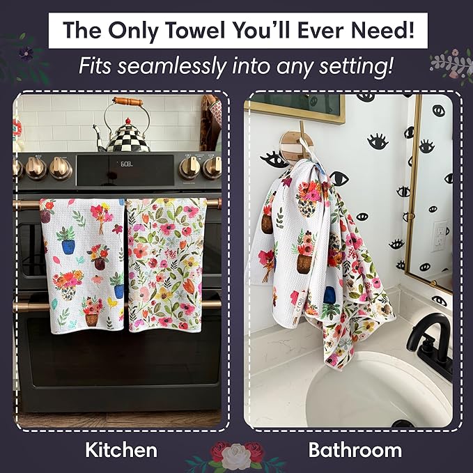 crae. Microfiber Hand Towel & Washcloth Set of 2 - Double-Sided, Waffle Weave, Super Absorbent, Lint-Free, Fast Drying - for Bathroom, Kitchen, Car, and Window Cleaning (Petal Lane/Posey)
