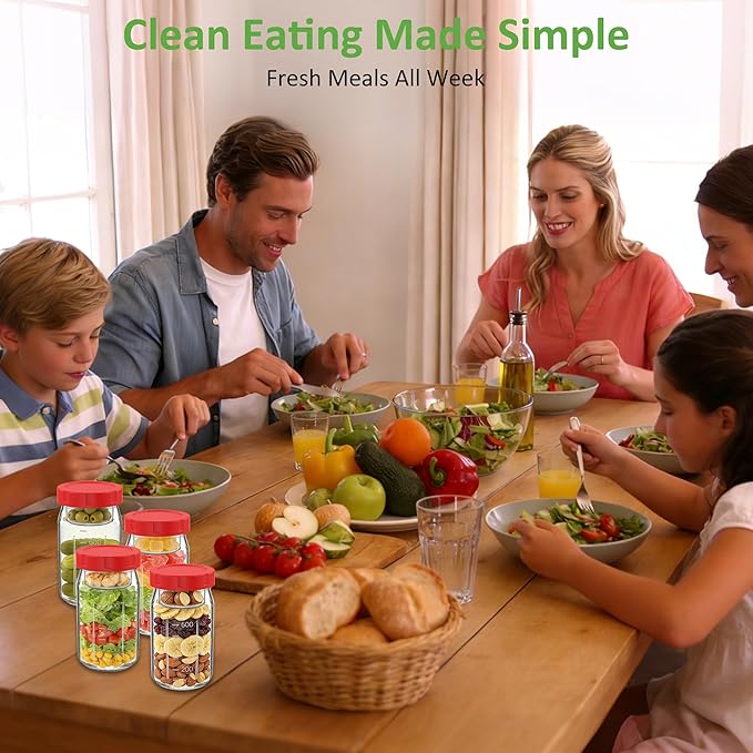 4Pack Glass Salad Jars with Lids, 32oz Salads Mason Jars with Wet/Dry Separation Cup, Meal Prep Salad Containers for Lunch