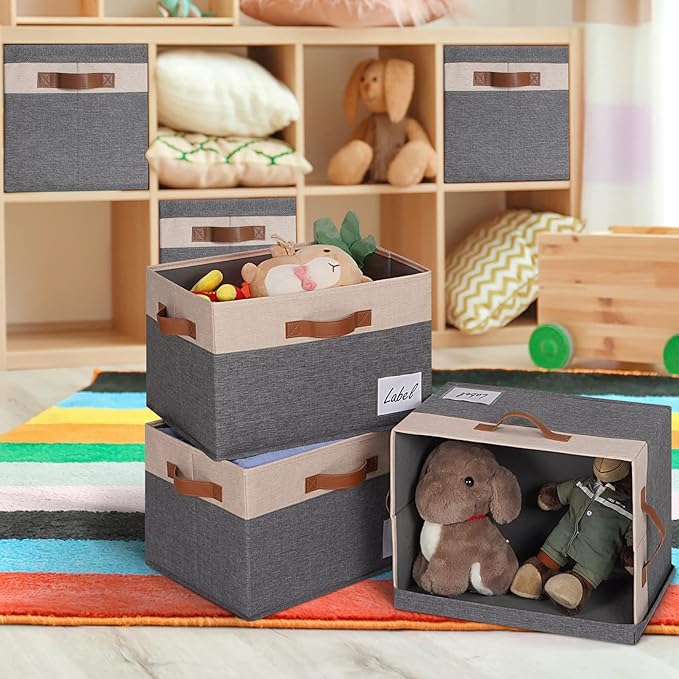Fabric Storage Bins with Lids 3 Pack, Beige, 15" x 11" x 9.7"