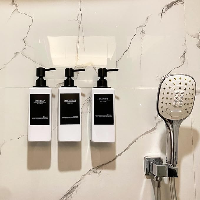 Shampoo Dispenser for Shower Wall, Shampoo and Conditioner Dispenser with 16 Waterproof Labels, No Drill Shower Soap Dispenser Bathroom, Shower Soap Dispenser Wall Mounted 3 Chamber, 17oz,White