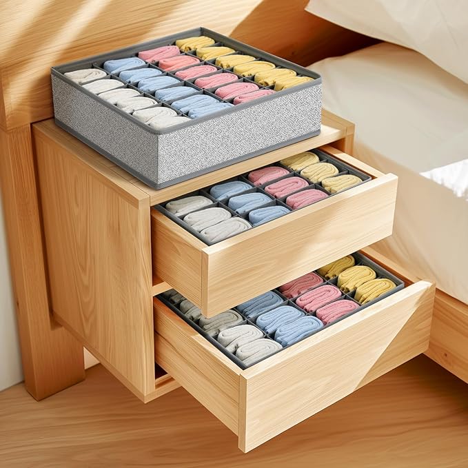 Joyoldelf Sock Drawer Organizer Divider Underwear Organizer 24-cell Fabric Dresser Drawer Organizers Storage Boxes for Socks Lingerie, Handkerchiefs, Ties 4 Pack (Gray)