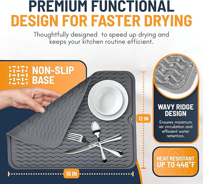 Silicone Dish Drying Mat for Kitchen Counter - Multi-Use 16 x 12 Inch Pad, Non-Slip & Heat-Resistant, Perfect Dish Drainer Mat by Linda’s Essentials, Ideal Kitchen Accessory (Gray)