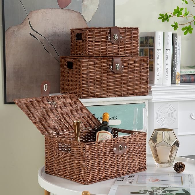 Set of 3 Woven Wicker Storage Basket Box with Lids & Lock, Natural