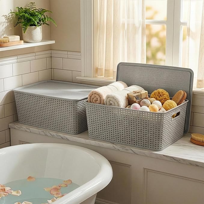 Plastic Storage Baskets with Lids, 33 Liter, 3 Pack, Natural Grey