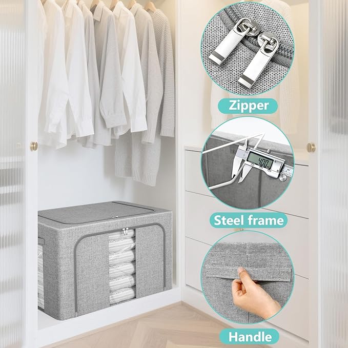 3 Pack Clothes Storage Bins, Foldable Metal Frame Storage Box with Lids,Stackable Linen Fabric Organizer Set with Carrying Handles,Zippers,and Clear Window (Grey, 66L)