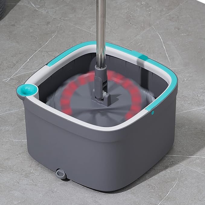 True & Tidy® SPIN-800 TrueClean Mop and Bucket System Upgraded Version w/Side Brush & Self-Standing Handle, Self Wringing Spin Mop w/Separate Compartments for Clean and Dirty Water