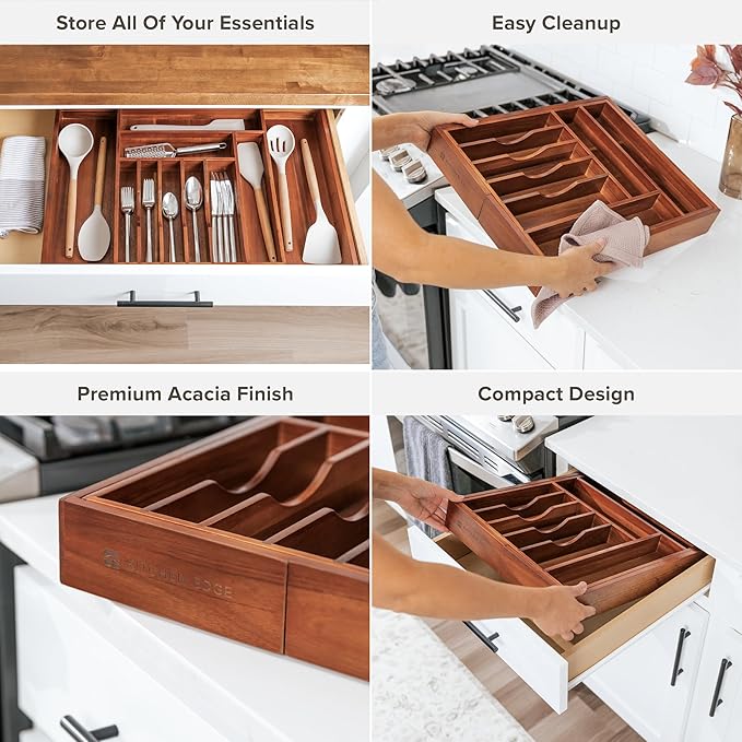 KitchenEdge Premium Silverware, Flatware and Utensil Organizer for Kitchen Drawers, Expandable 14.5 to 25 Inches Wide, 10 Compartments, Food-Safe Premium Acacia Wood Finish Kitchen Storage Tray