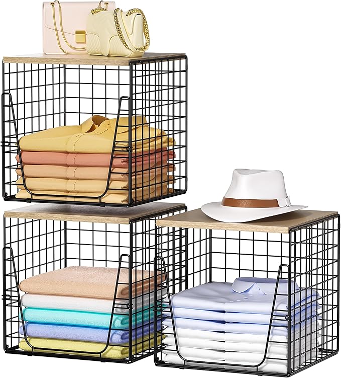 SWTYMIKI 3PCS Closet Organizers and Storage - Stackable Closet Basket with Wood Top Shelf, Clothes Storage Shelves, Clothes Drawer Bins for Wardrobe, Bedroom, Entryway, Black