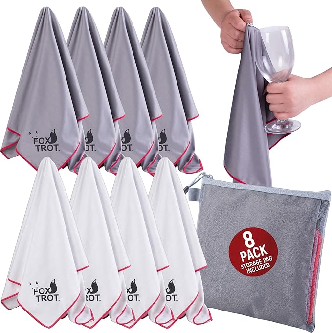 Fox Trot Wine Glass Polishing Cloths (8 Pack) with Storage Pouch | Large Microfiber Glass Drying Towel | Lint Free, Streak Free Shine for Stemware, Crystal & Glassware | 23" L x 20" W