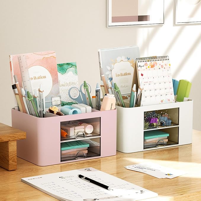 Marbrasse Pen Organizer with 2 Drawer, Multi-Functional Pencil Holder for Desk, Desk Organizers and Accessories with 5 Compartments + Drawer for Office Art Supplies (Beige)