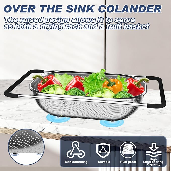 Over the Sink Colander, Expandable Strainers and Colanders with Fine Mesh, Colander for Kitchen with Rubber Grip for Draining Pasta