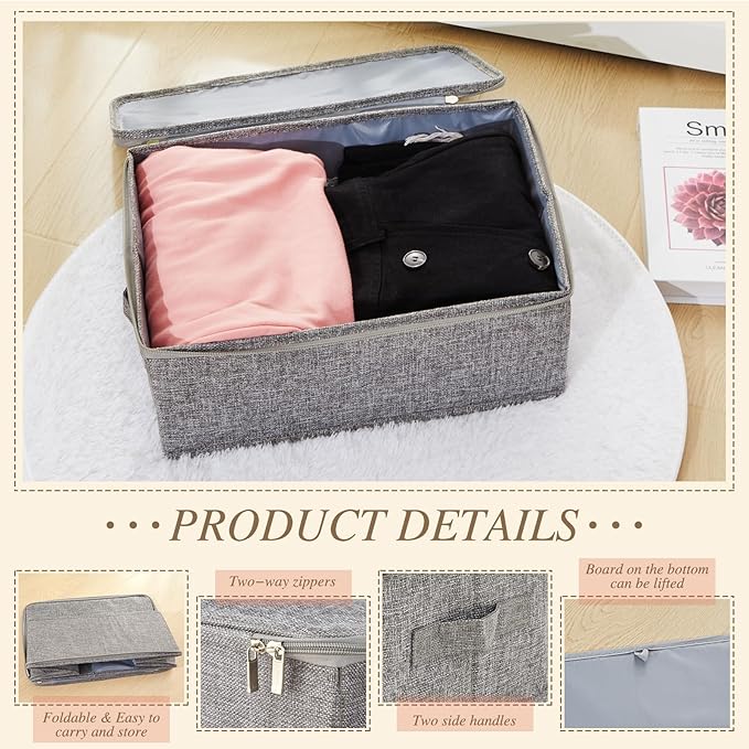 Soaoo 5 Pcs Fabric Storage Bins with Zipper Lids and Handle 15 x 10 x 6'' Rigid Collapsible Washable Wardrobe Storage Boxes Stackable Foldable Closet Organizer Containers Cubes, Gray