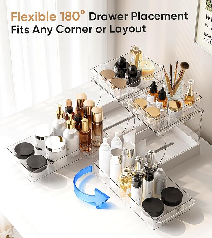 YICHE 2 Tier Multi-Purpose Office Sliding Organizer Shelf, Kitchen Countertop Organizer Drawer for Bathroom Under Sink & Coffee Bar, Space Saving Pull Out Medicine Cabinet Organization Storage Rack