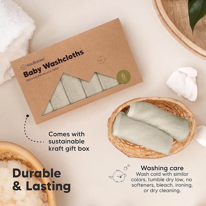 6-Pack Baby Washcloths – Soft Absorbent Viscose from Bamboo Washcloths for Face, Body, Baby Towels for Newborn, Kids, Toddlers, Infant, Gentle on Sensitive Skin, 10x10 Reusable Face Towels(Stone)