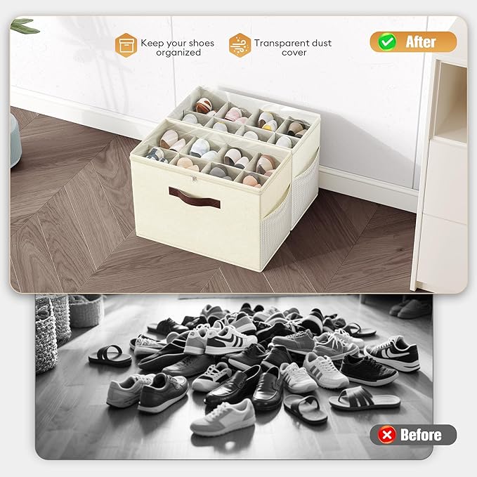 Budding Joy 2 Pack Shoe Organizer for Closet, Clear Foldable Shoe Storage Containers Adjustable Dividers Fits 16 Pairs
