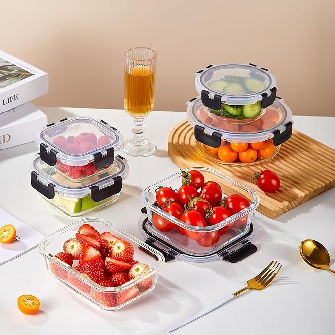 Liuruiyu 12 Pack Glass Food Storage Containers with Lids, Meal Prep Containers, Airtight Bento Boxes with Leak Proof Locking for Microwave, Oven