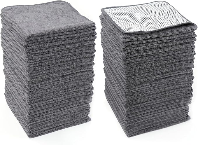 HAWOK Microfiber Cleaning Cloths with Poly Scour Scrub Side, 13 x 13 inches, 50 Pack, Glass Car Window Dish Cloths, Reusable and Machine Washable, Lint-Free, Dark Gray