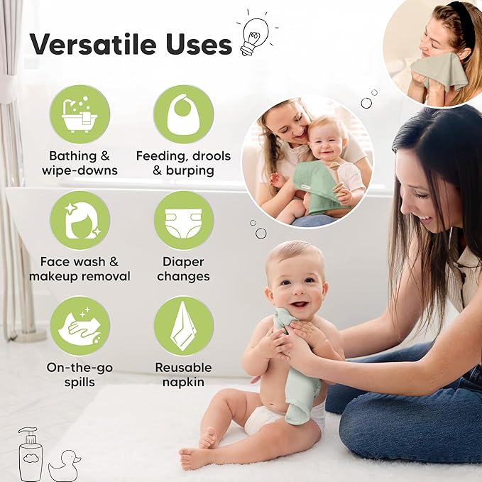 6-Pack Baby Washcloths – Soft Absorbent Viscose from Bamboo Washcloths for Face, Body, Baby Towels for Newborn, Kids, Toddlers, Infant, Gentle on Sensitive Skin, 10x10 Reusable Face Towels (Hills)