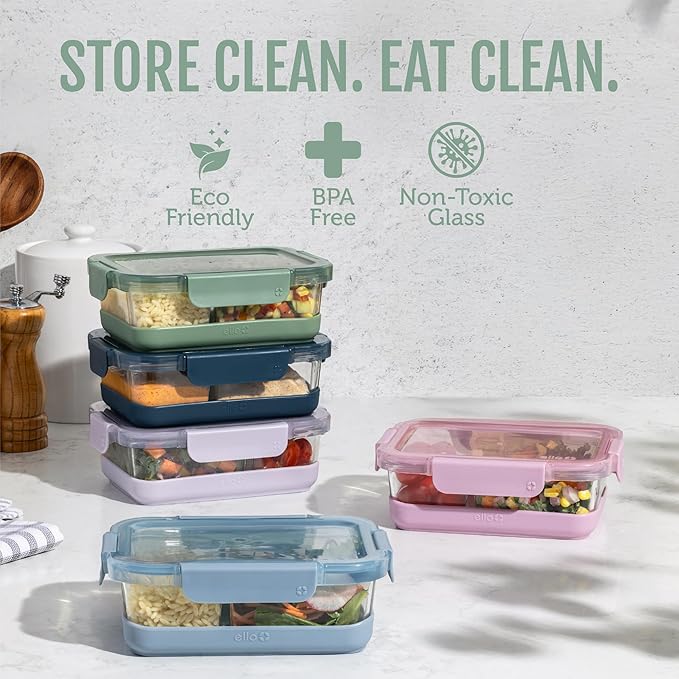 Ello Duraglass Refresh 3.4 Cup Divided Meal Prep Set 10Pc, 5 Pack