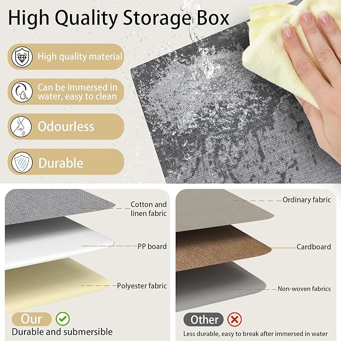 Yawinhe Fabric Storage Baskets, Foldable Closet Organizer for Shelves, Large Boxes with 3 Handles, Canvas Bins for Clothes, White/Grey, 12.99''Lx9.05''Wx7.87''H, 6-Pack