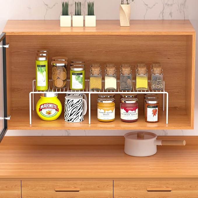 Redrubbit Cabinet Storage Shelf Rack, Expandable Metal Rustproof Kitchen Counter and Cabinet Shelf, Storage Rack Organizer Space Saver for Kitchen, Fridge, Cabinet, Bathroom, White