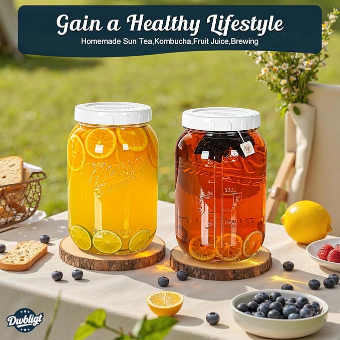 2 Pack Wide Mouth Mason Jars with Airtight Lid and Silicone Ring - 1 Gallon Large Glass Containers for Food Storage like Flour Sugar, Sun Tea, Kombucha, Refrigerator Safe Fermentation Jar