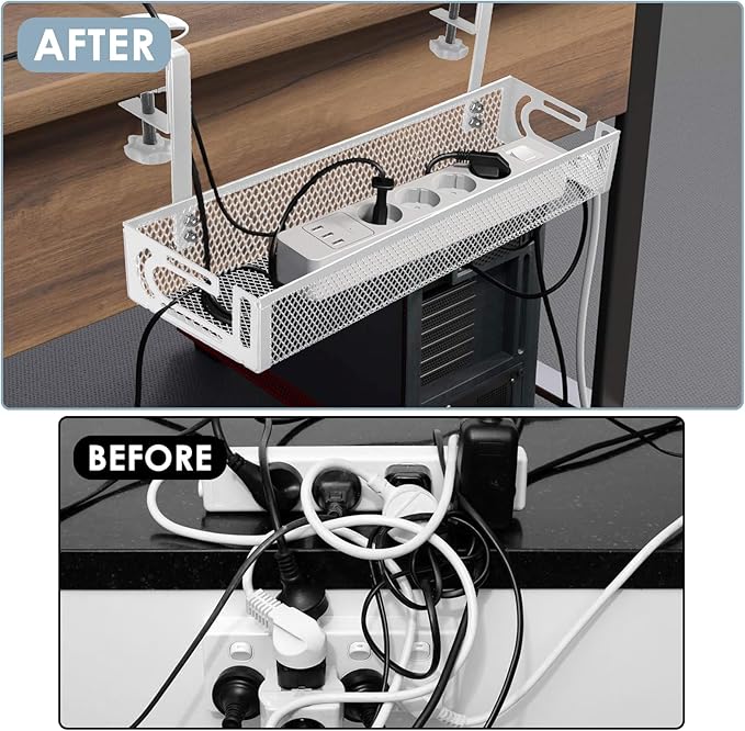 Under Desk Cable Management Tray, Cable Management Under Desk No Drill, Wire Management Tray with Clamp, Cord Organizer for Home Office, White