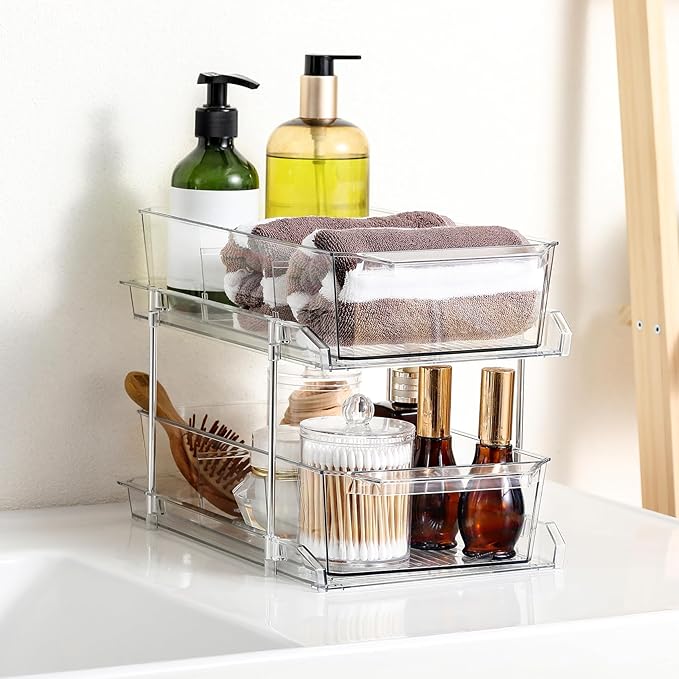 2 Set, 2 Tier Clear Organizer with Dividers for Cabinet, Shlef, Counter