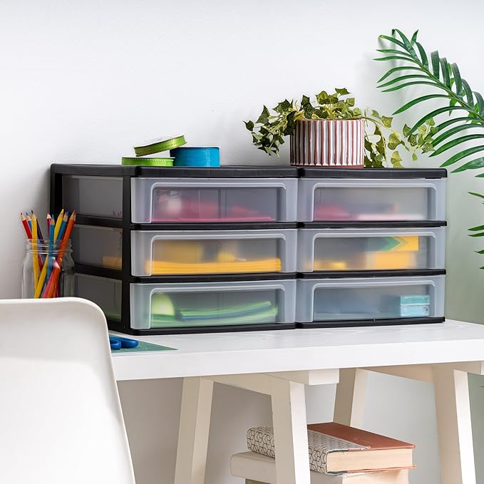 USA Plastic Stacking Desk Top 3-Drawer Storage Organizer, 2-Pack, Black