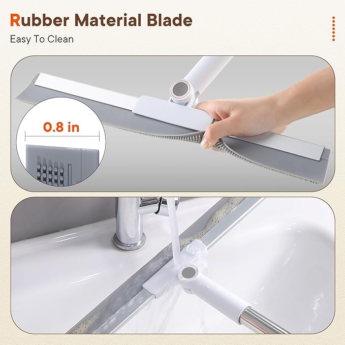 Floor Squeegee for Concrete Floors, 180° Rotating Silicone Broom, Squeegee for Floor with Long Handle and Dual-Sided Blade Design