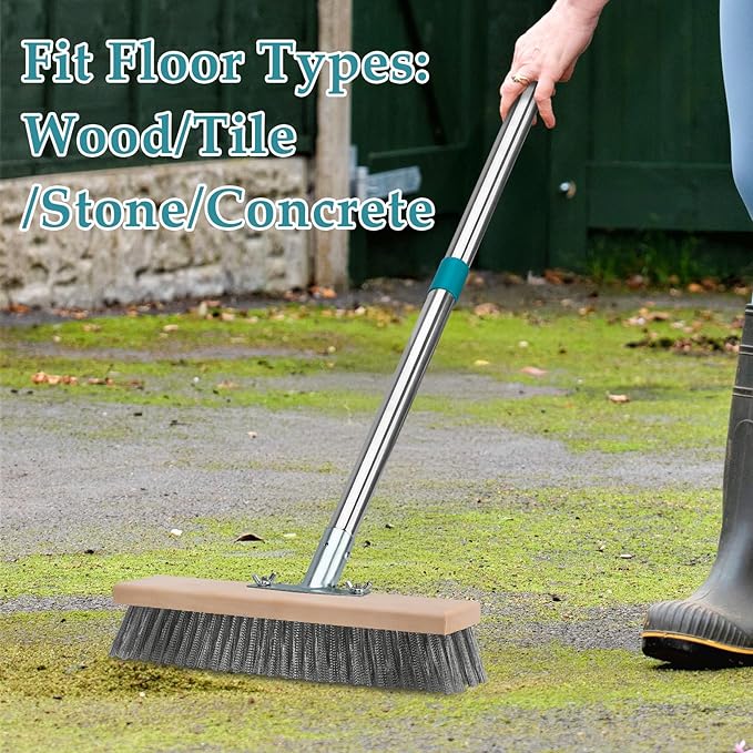 Stainless Steel Deck Scrub Brush with Long Handle, Outdoor Broom for Concrete, Deck, Cement Floor Cleaning, 53" Long Handled Heavy Duty Floor Scrubber