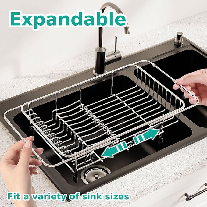 AIDERLY Dish Drying Rack in Sink Expandable Stainless Steel Kitchen Dish Drainer with 4 Cup Holders, Silver