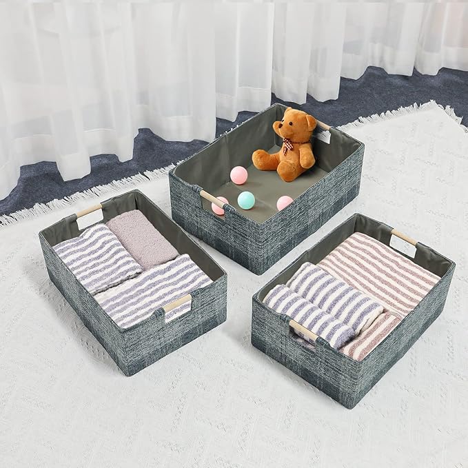 Fabric Storage Bin Box Collapsible Cotton Linen Storage Cube with Wooden Handles Rectangular Decorative Home Organizer Clothes Blanket Basket– Dark Gray Plaid, Medium