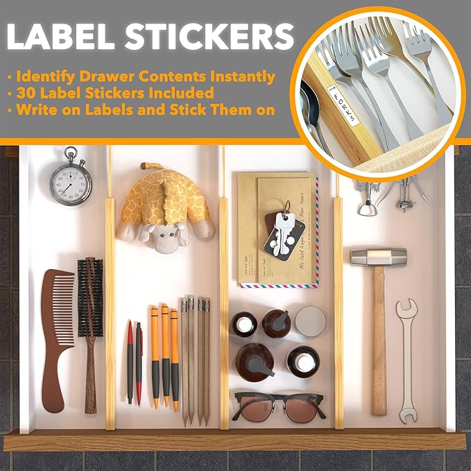 SpaceAid 4 Pack Bamboo Drawer Dividers with Labels, Kitchen Adjustable Drawer Organizers, Expandable Organization for Home Clothes Dressers (17-22 in, Natural)