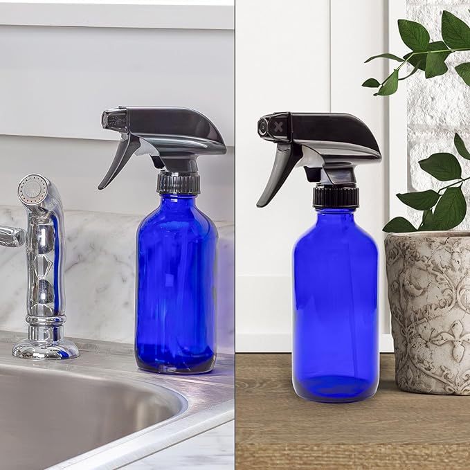 Cornucopia Brands 8-Ounce Cobalt Blue Glass Boston Round Spray Bottles (2 Pack) 3-Setting Heavy Duty Sprayers, Empty Refillable Bottle
