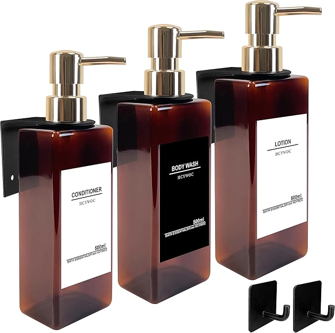 Shampoo Dispenser for Shower Wall, Shampoo and Conditioner Dispenser with 16 Waterproof Labels, No Drill Shower Soap Dispenser Bathroom, Shower Soap Dispenser Wall Mounted 3 Chamber, 17oz, Gold Amber