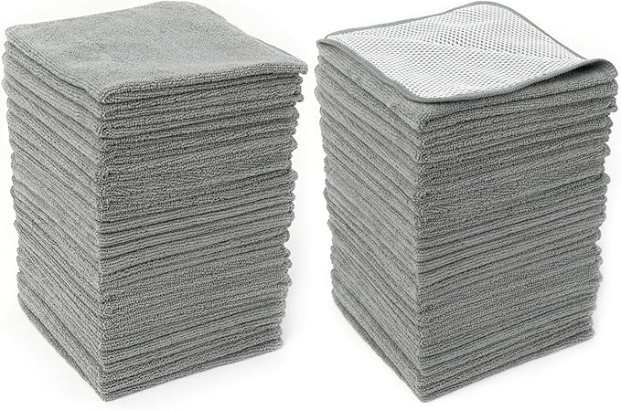 HAWOK Microfiber Cleaning Cloths with Poly Scour Scrub Side, 13 x 13 inches, 50 Pack, Glass Car Window Dish Cloths, Reusable and Machine Washable, Lint-Free, Medium Grey