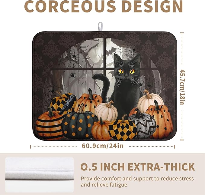 Halloween Black Cat Dish Drying Mat Fall Halloween Pumpkins Large Kitchen Mats Dish Drying Pad Absorbent Dish Dryer Mat for Kitchen Countertops Microfiber Drainer Pad Dish Drying Mats (18x24 in)