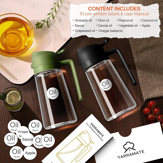 YARRAMATE 2Pcs 16oz/470ml Glass Olive Oil Sprayer for Cooking with Stickers, 2 in 1 Oil Dispenser for Kitchen Gadgets