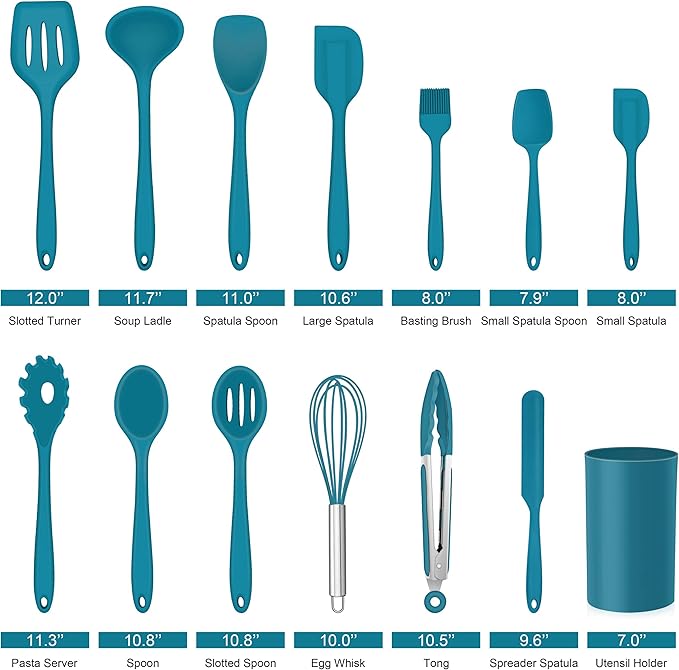 LIANYU 14 Pcs Cooking Utensils Set with Holder, Heat Resistant Silicone Kitchen Cookware Utensils Set, Kitchen Cooking Tools Includes Spatula Spoon Turner Whisk Tong, Dishwasher safe, Dark Blue