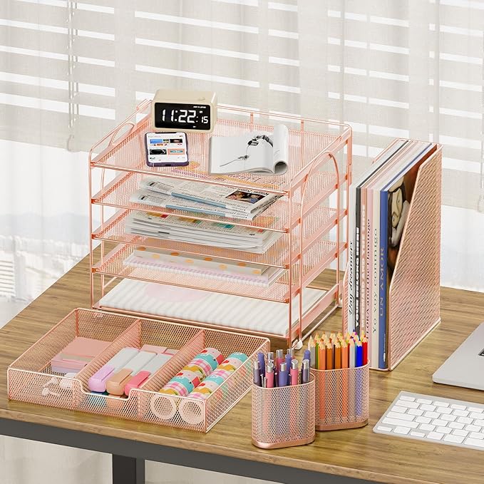 Desk Organizer, 5-Tier Paper File Organizer with Drawer & Pen Holder, Rose Gold