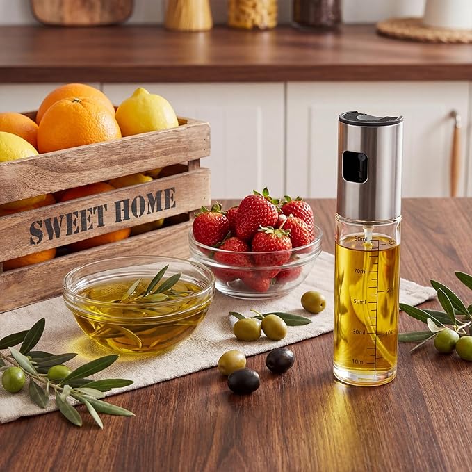 2 Pack Oil Sprayer for Cooking, Upgraded Olive Oil Sprayer Mister with Scale, Refillable Glass Oil Spray Bottle, Air Fryer Accessories for Kitchen, Salad, BBQ, Baking