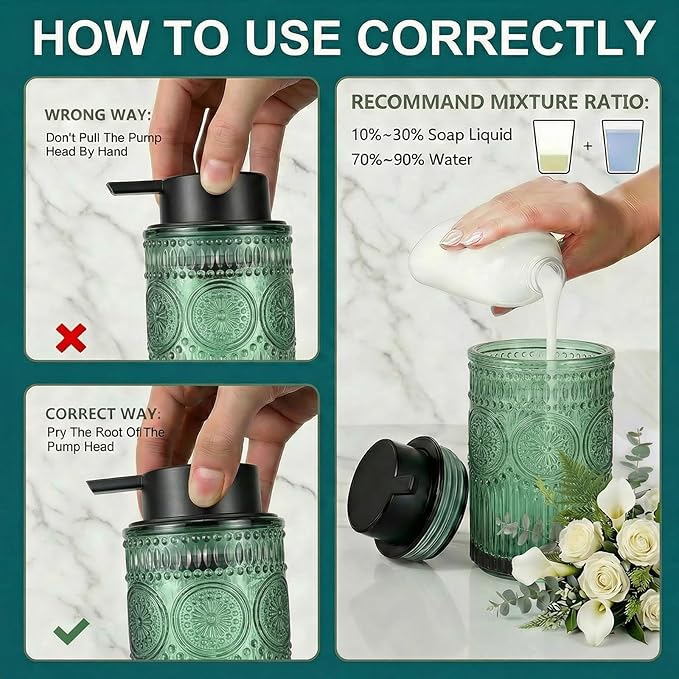 Green Glass Foaming Hand Soap Dispenser with Matte Black Pump Decorative Thick Embossed Bottle Refillable for Bathroom and Kitchen 12 fl oz