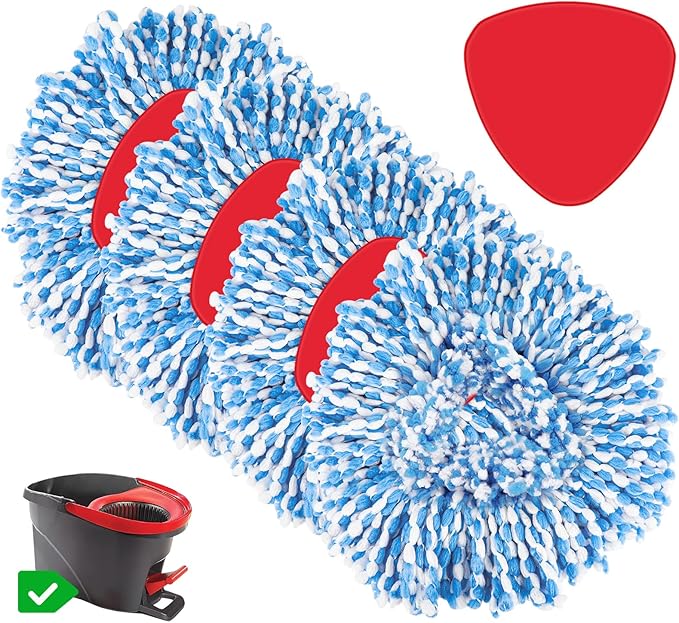 4 Pack Spin Mop Refill Replacement Head Compatible with EasyWring 1-Tank System Spinning Mop, with 1 Swivel Mop Base, 100% Microfiber Deep Cleaning Machine Washable - Blue