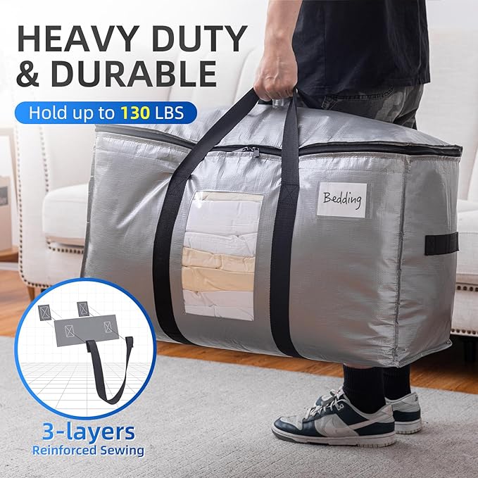TAILI Extra Large Moving Bags, 2 Pack Silver Heavy Duty Totes for Storage with Visible Window, Wrap Around Handles, Storage Bags for Space Saving