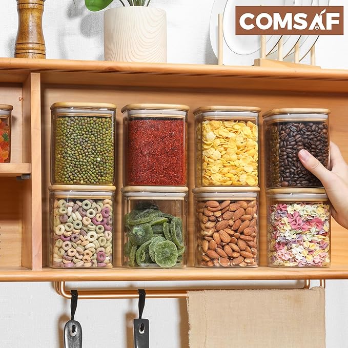 ComSaf 0.8 Qt Glass Food Storage Jars Set of 6, Clear Storage Containers with Airtight Lids, Pantry Organization Jar, Spice Jar, Blooming Tea, Oat